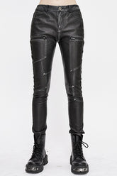 Black Punk Biker Block Shaped Patchwork Hand Rubbed Leather Womens Pants